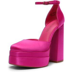 Dream Pairs Women Rose Red Faux Leather Closed Toe Chunky High Heels Platform